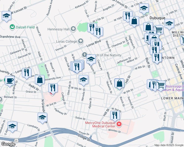 map of restaurants, bars, coffee shops, grocery stores, and more near 1020 University Avenue in Dubuque