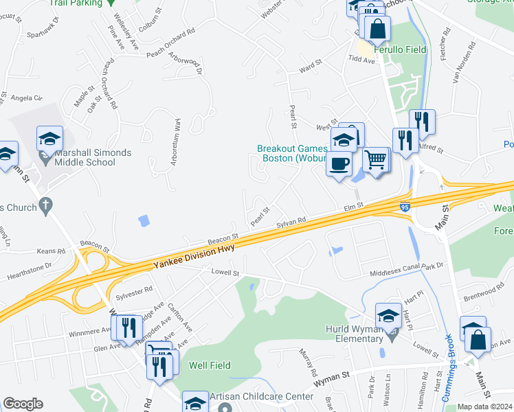 map of restaurants, bars, coffee shops, grocery stores, and more near 8 Westgate Drive in Woburn
