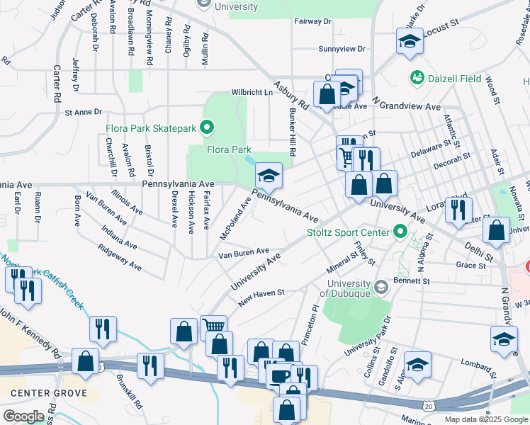 map of restaurants, bars, coffee shops, grocery stores, and more near 2512 Pennsylvania Ave in Dubuque