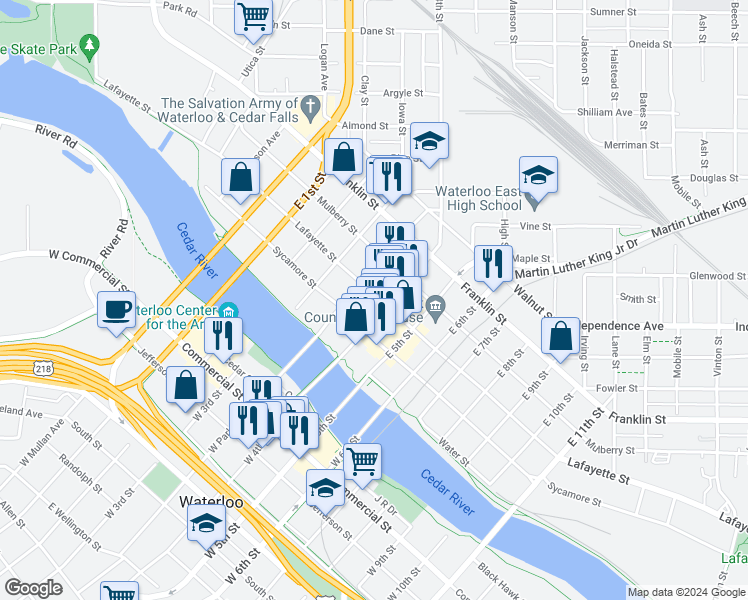 map of restaurants, bars, coffee shops, grocery stores, and more near 519 Lafayette Street in Waterloo