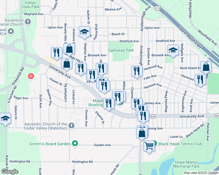 map of restaurants, bars, coffee shops, grocery stores, and more near 906 Carter St in Waterloo