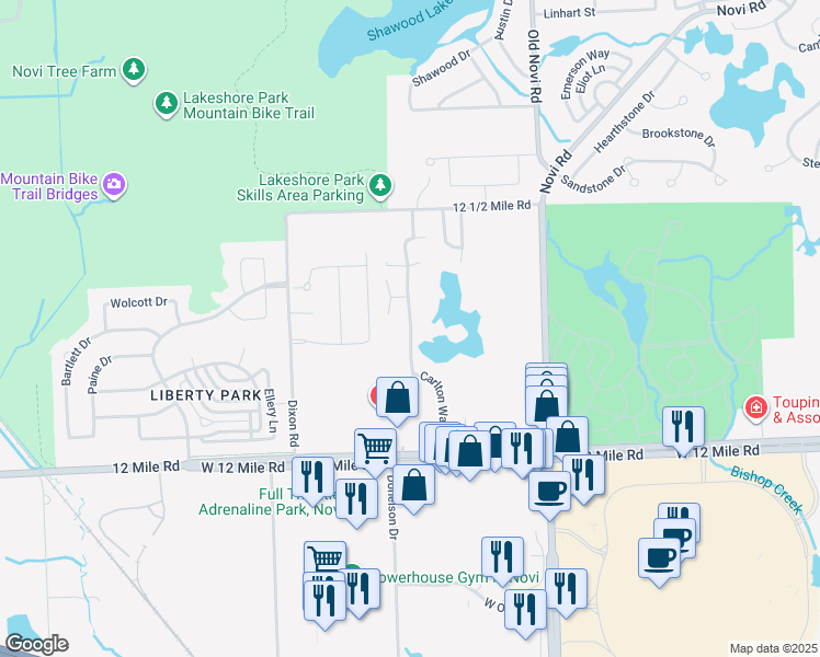 map of restaurants, bars, coffee shops, grocery stores, and more near 28341 Carlton Way Drive in Novi