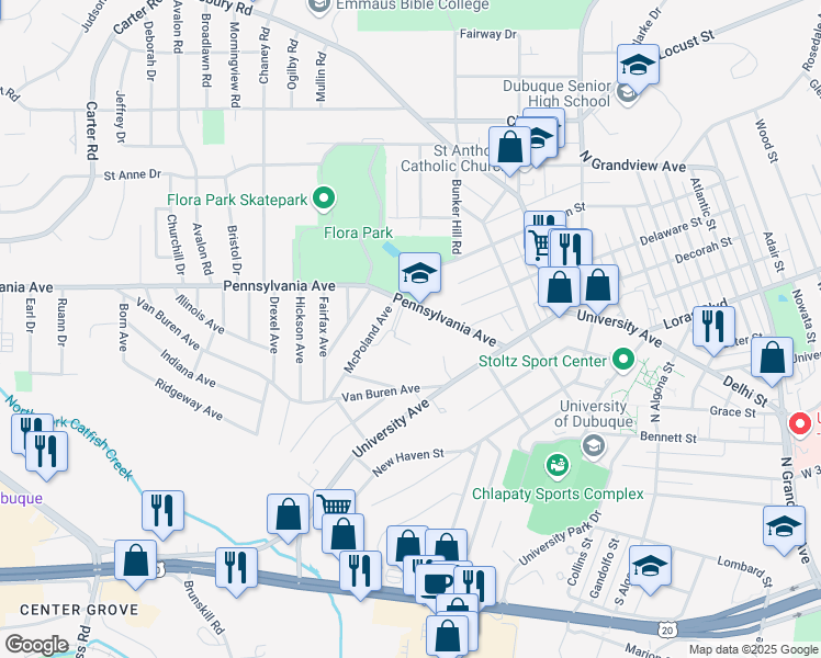 map of restaurants, bars, coffee shops, grocery stores, and more near 2520 Pennsylvania Avenue in Dubuque