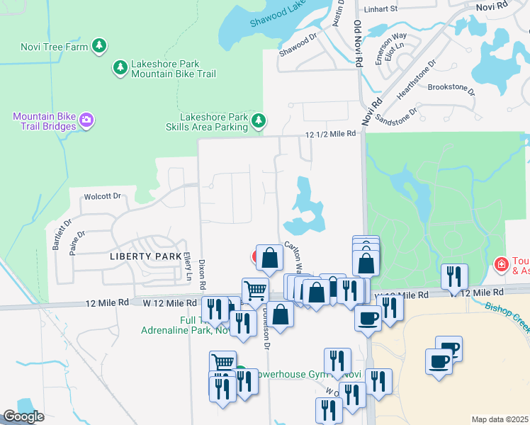 map of restaurants, bars, coffee shops, grocery stores, and more near 28305 Carlton Way Drive in Novi