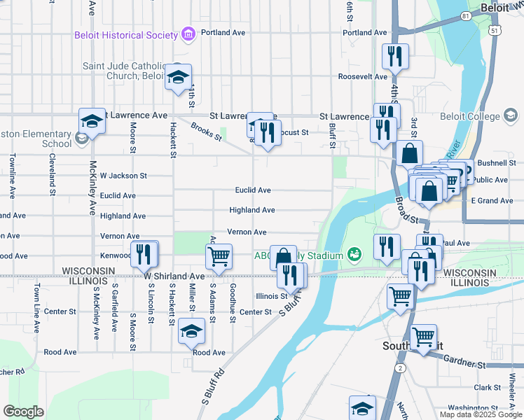 map of restaurants, bars, coffee shops, grocery stores, and more near 549 Highland Avenue in Beloit