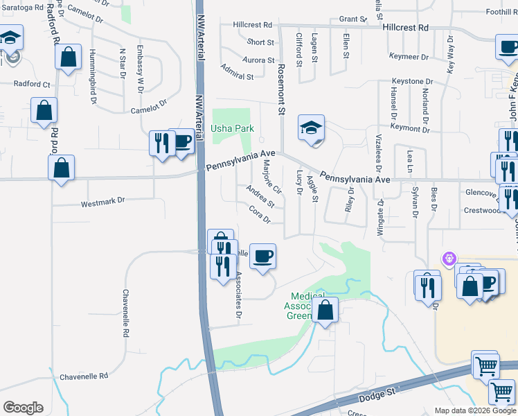 map of restaurants, bars, coffee shops, grocery stores, and more near 3835 Andrea Street in Dubuque