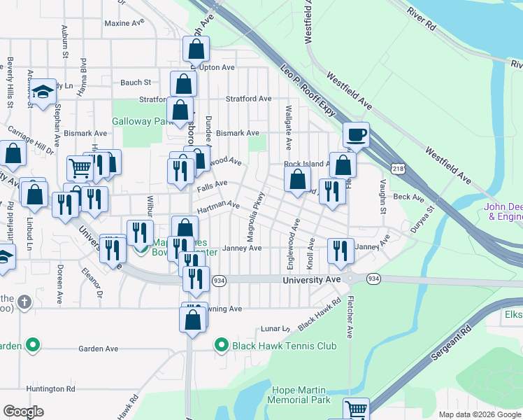 map of restaurants, bars, coffee shops, grocery stores, and more near 2101 Falls Avenue in Waterloo