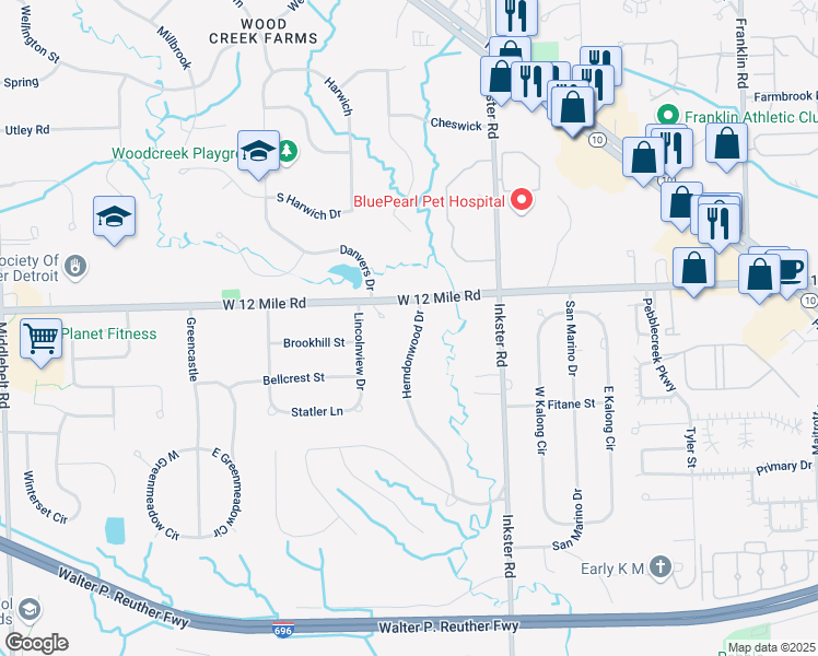 map of restaurants, bars, coffee shops, grocery stores, and more near 27701 West 12 Mile Road in Farmington Hills