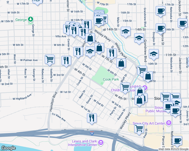 map of restaurants, bars, coffee shops, grocery stores, and more near 419 Main Street in Sioux City