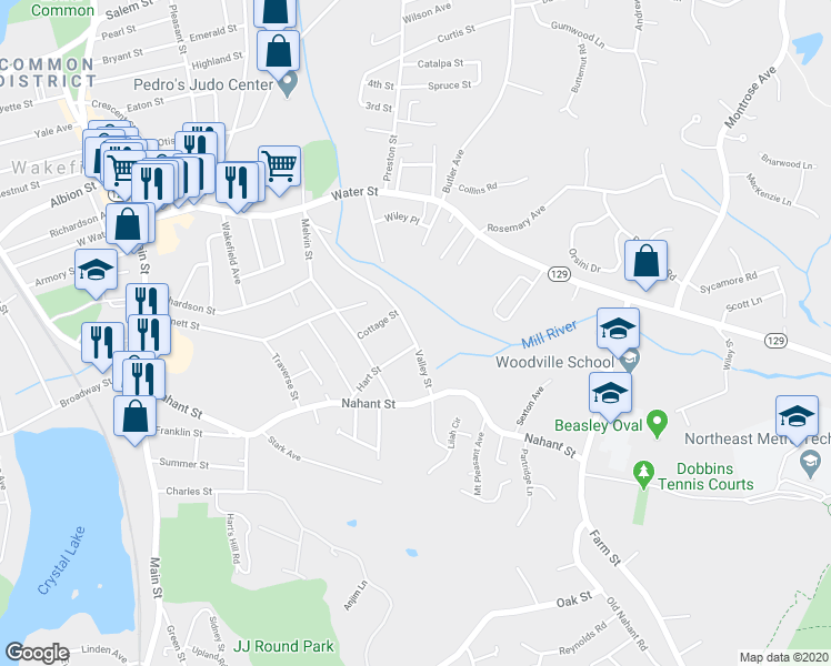 map of restaurants, bars, coffee shops, grocery stores, and more near 64 Valley Street in Wakefield