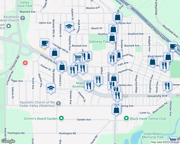 map of restaurants, bars, coffee shops, grocery stores, and more near 906 Carter St in Waterloo