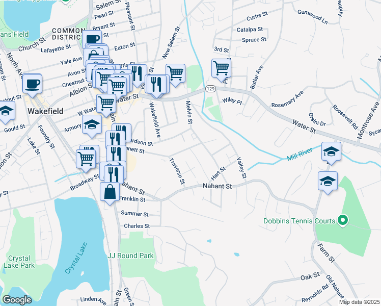 map of restaurants, bars, coffee shops, grocery stores, and more near 68 Bennett Street in Wakefield