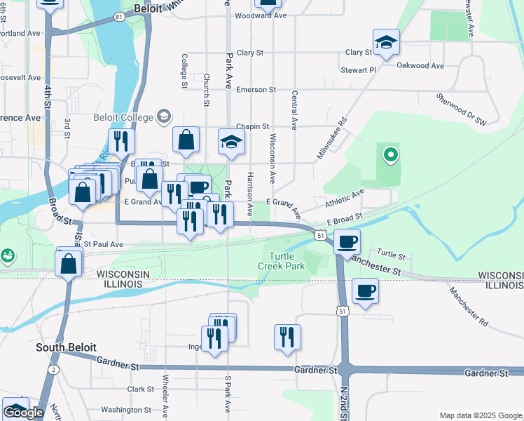 map of restaurants, bars, coffee shops, grocery stores, and more near 1012 East Grand Avenue in Beloit