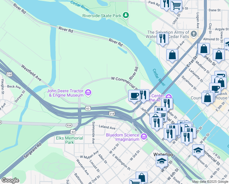 map of restaurants, bars, coffee shops, grocery stores, and more near 360 Westfield Avenue in Waterloo