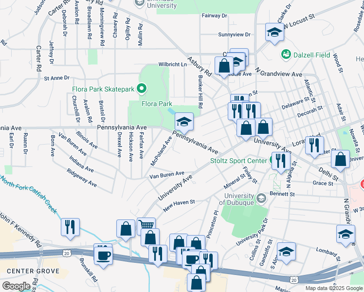 map of restaurants, bars, coffee shops, grocery stores, and more near 2520 Pennsylvania Avenue in Dubuque