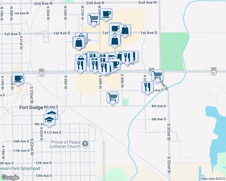 map of restaurants, bars, coffee shops, grocery stores, and more near 2956 7th Avenue South in Fort Dodge
