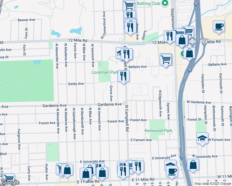 map of restaurants, bars, coffee shops, grocery stores, and more near 1039 North Wilson Avenue in Royal Oak