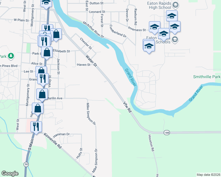 map of restaurants, bars, coffee shops, grocery stores, and more near 1446 Water Street in Eaton Rapids