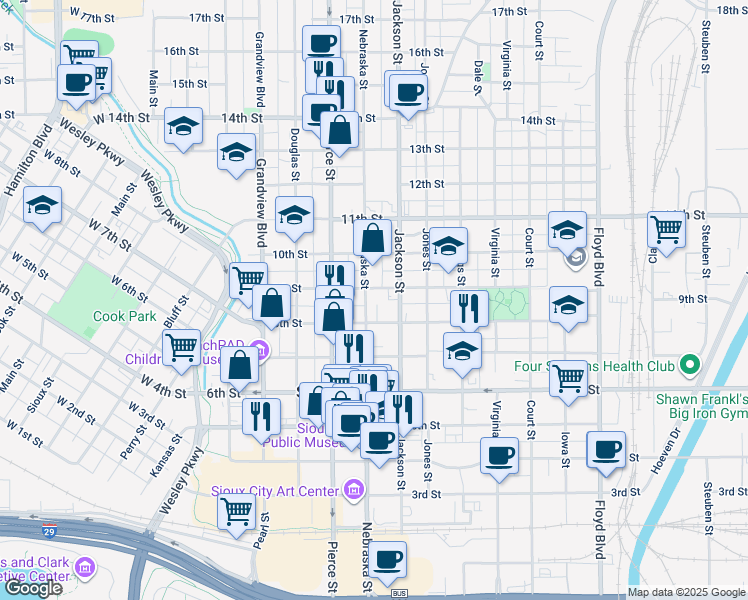 map of restaurants, bars, coffee shops, grocery stores, and more near 820 Nebraska Street in Sioux City