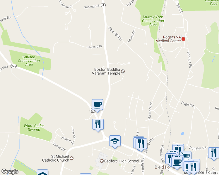 map of restaurants, bars, coffee shops, grocery stores, and more near 104 North Road in Bedford
