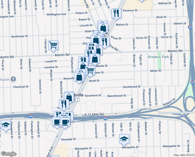 map of restaurants, bars, coffee shops, grocery stores, and more near 18253 Brohl Street in Roseville