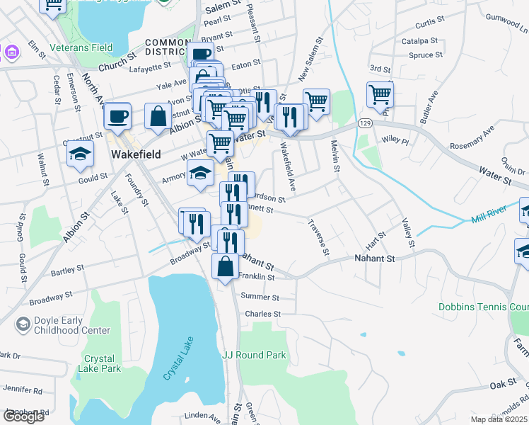 map of restaurants, bars, coffee shops, grocery stores, and more near 20B Bennett Street in Wakefield