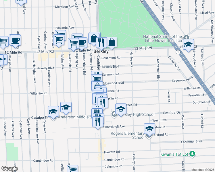 map of restaurants, bars, coffee shops, grocery stores, and more near 2411 Edgewood Boulevard in Berkley