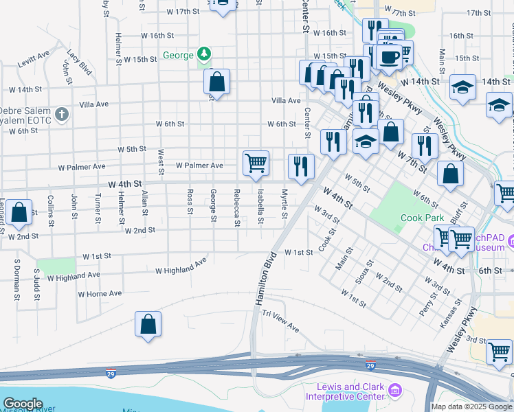 map of restaurants, bars, coffee shops, grocery stores, and more near 1314 West 3rd Street in Sioux City