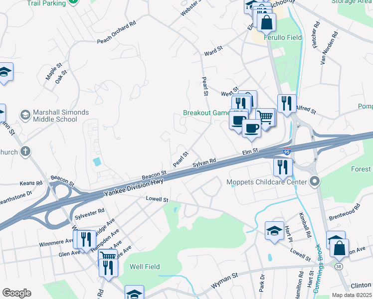 map of restaurants, bars, coffee shops, grocery stores, and more near 10 Westgate Drive in Woburn