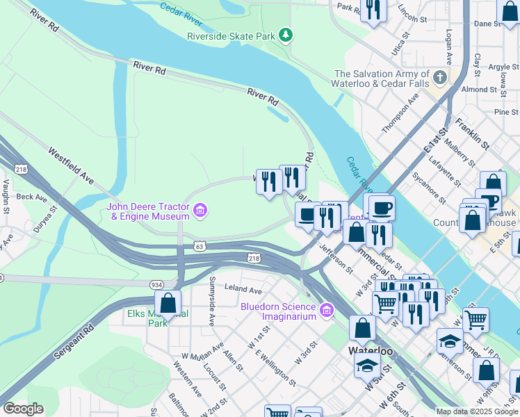 map of restaurants, bars, coffee shops, grocery stores, and more near 360 Westfield Avenue in Waterloo