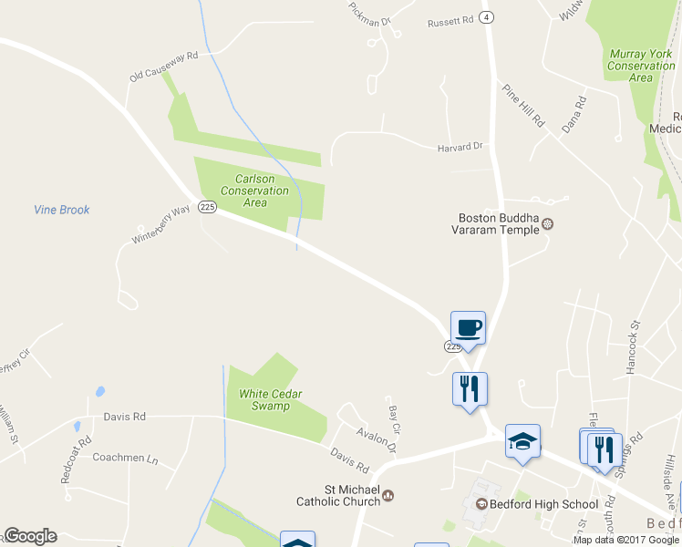 map of restaurants, bars, coffee shops, grocery stores, and more near 94 Carlisle Road in Bedford
