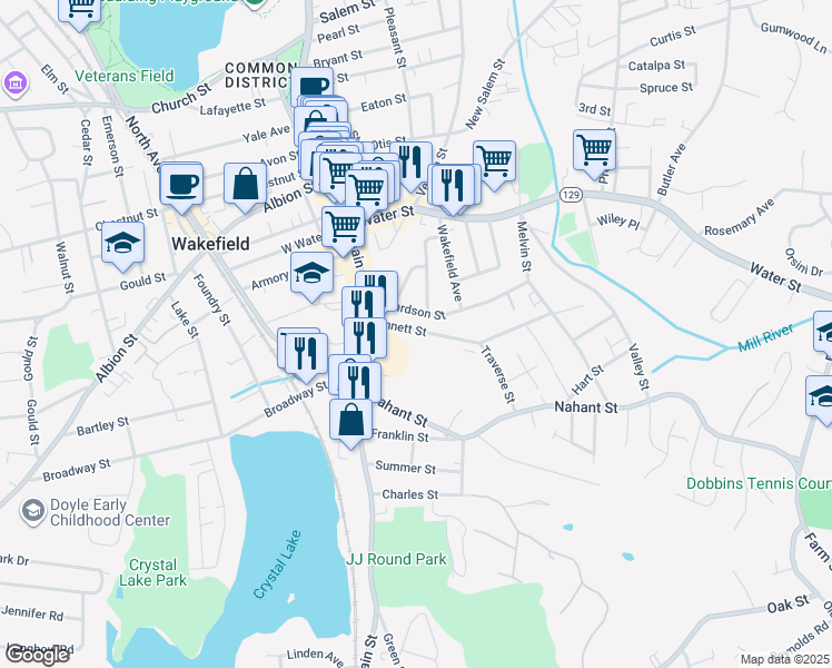 map of restaurants, bars, coffee shops, grocery stores, and more near 20B Bennett Street in Wakefield