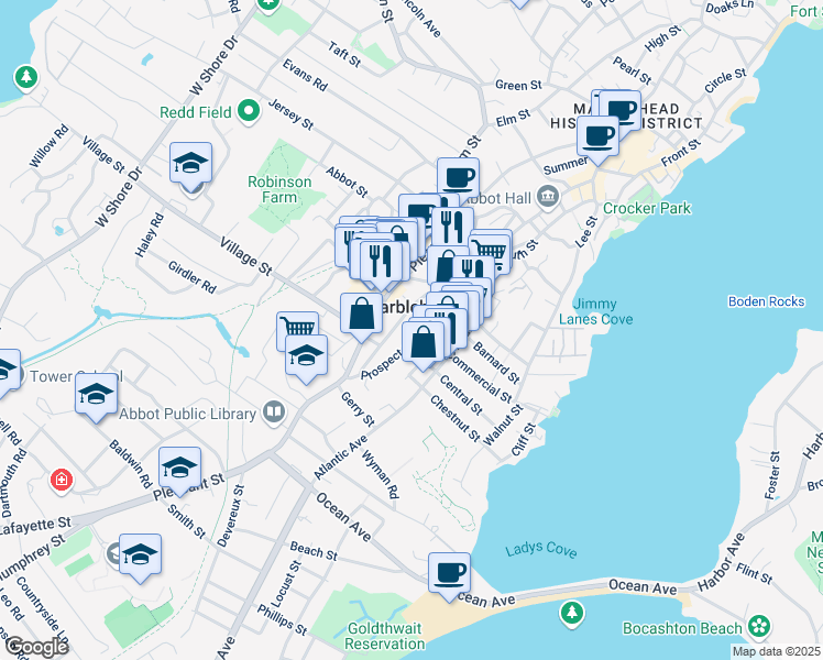map of restaurants, bars, coffee shops, grocery stores, and more near in Marblehead