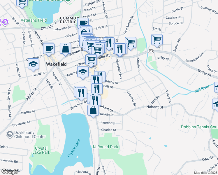 map of restaurants, bars, coffee shops, grocery stores, and more near 20B Bennett Street in Wakefield