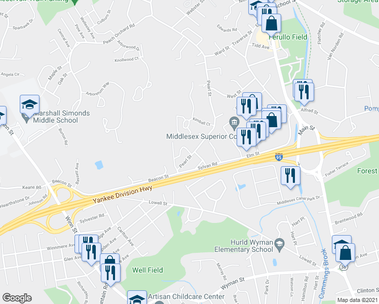 map of restaurants, bars, coffee shops, grocery stores, and more near 10 Westgate Drive in Woburn