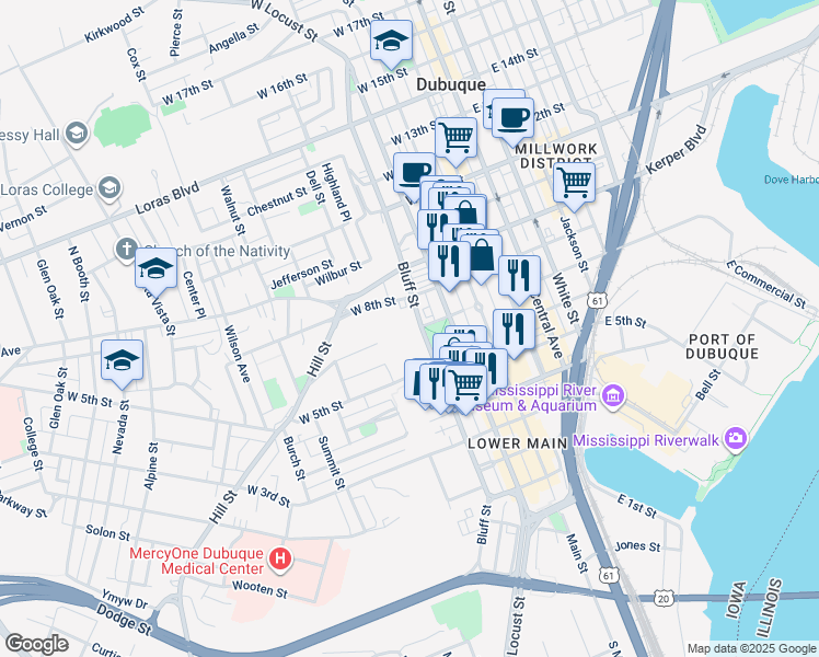 map of restaurants, bars, coffee shops, grocery stores, and more near 731 Bluff Street in Dubuque