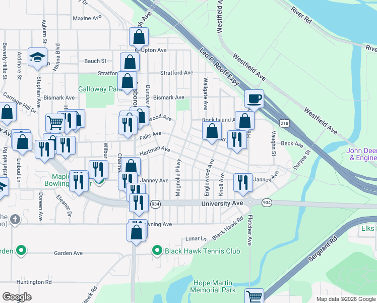 map of restaurants, bars, coffee shops, grocery stores, and more near 2101 Falls Avenue in Waterloo