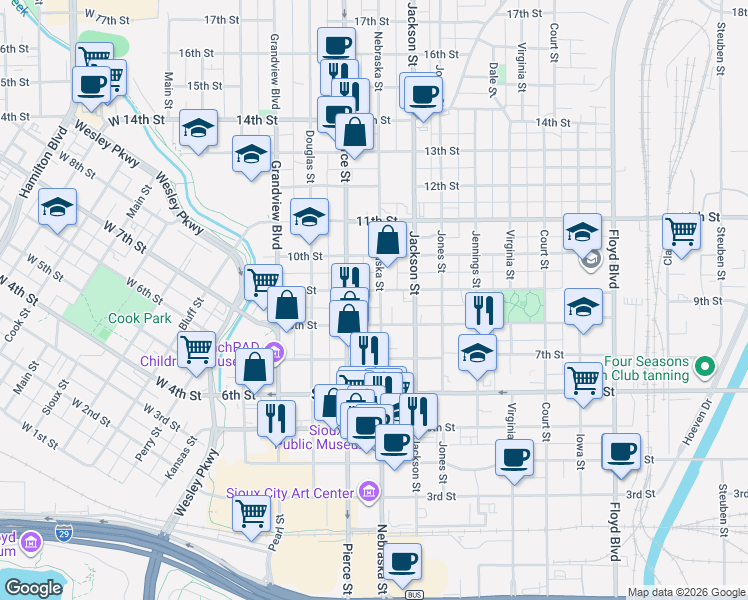 map of restaurants, bars, coffee shops, grocery stores, and more near 829 Nebraska Street in Sioux City