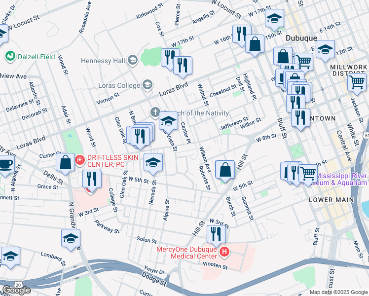 map of restaurants, bars, coffee shops, grocery stores, and more near 950 University Avenue in Dubuque
