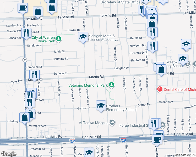 map of restaurants, bars, coffee shops, grocery stores, and more near 27994 Los Olas Drive in Warren