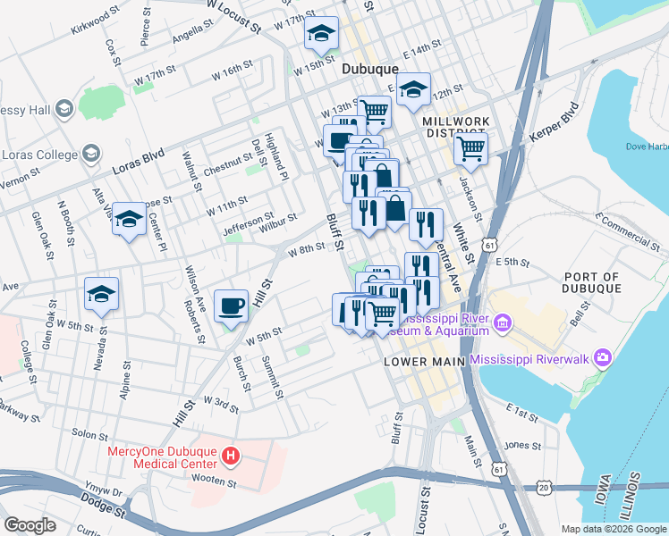 map of restaurants, bars, coffee shops, grocery stores, and more near 731 Bluff Street in Dubuque