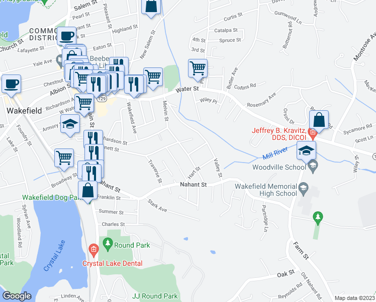 map of restaurants, bars, coffee shops, grocery stores, and more near 13 Cottage Street in Wakefield