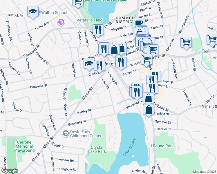 map of restaurants, bars, coffee shops, grocery stores, and more near 20 Lake Street in Wakefield