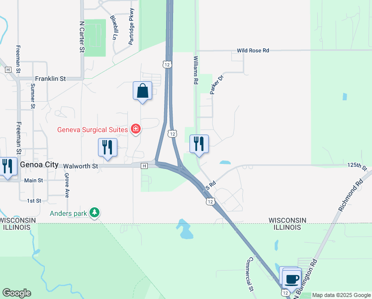 map of restaurants, bars, coffee shops, grocery stores, and more near 223 Williams Road in Genoa City