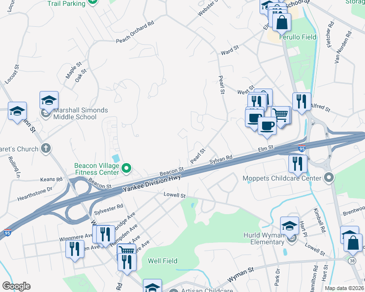 map of restaurants, bars, coffee shops, grocery stores, and more near 103 Westgate Drive in Burlington