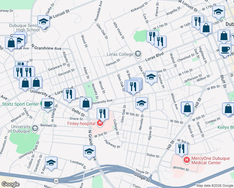 map of restaurants, bars, coffee shops, grocery stores, and more near 1048 Mount Pleasant Street in Dubuque