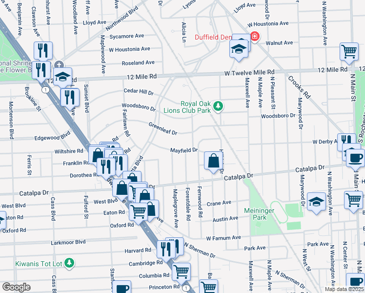 map of restaurants, bars, coffee shops, grocery stores, and more near 1408 Mayfield Drive in Royal Oak