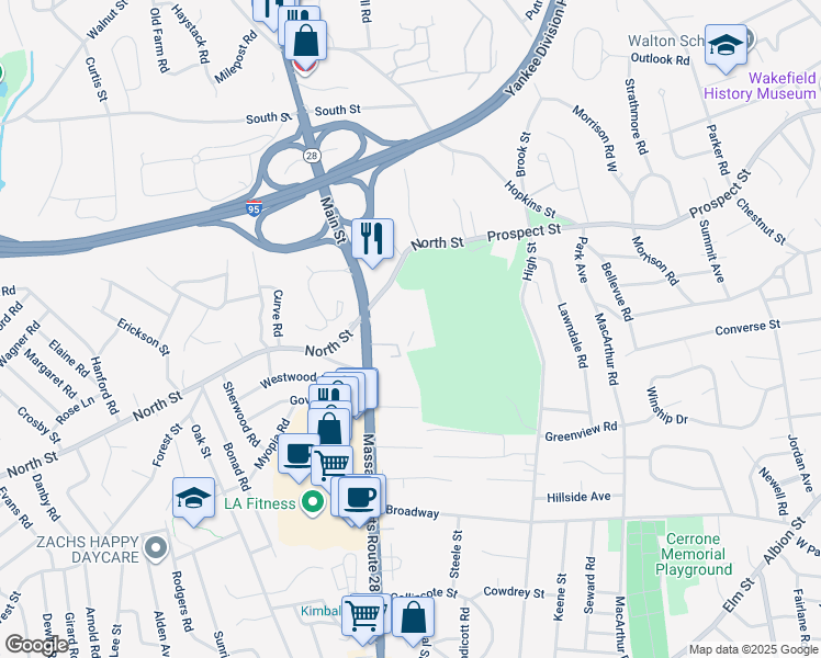 map of restaurants, bars, coffee shops, grocery stores, and more near 100 Leisure Lane in Stoneham