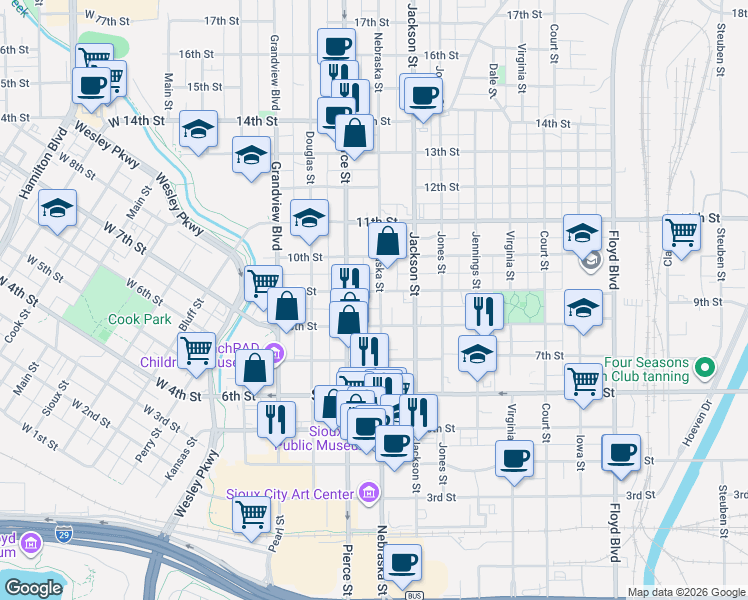 map of restaurants, bars, coffee shops, grocery stores, and more near 829 Nebraska Street in Sioux City