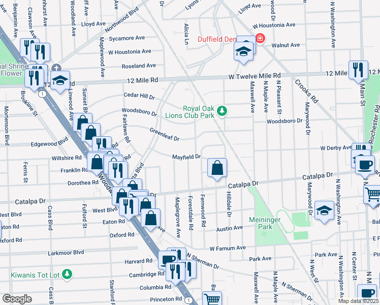 map of restaurants, bars, coffee shops, grocery stores, and more near 1408 Mayfield Drive in Royal Oak